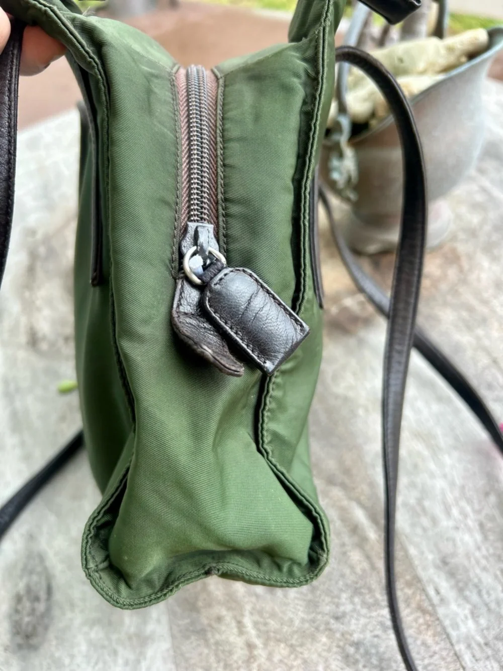 Authentic Prada  Vintage Olive Green Nylon Tote with Dark Brown Leather Straps - Picture 8 of 16